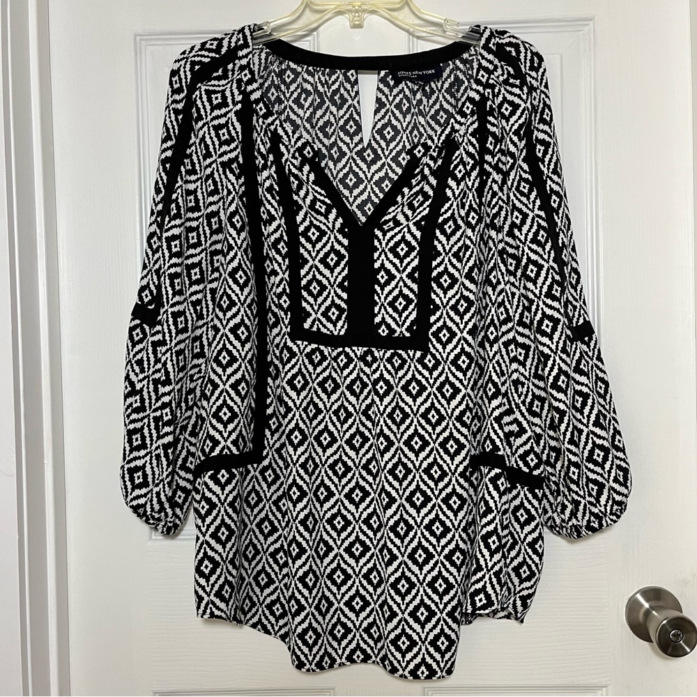 Jones New York Signature Black and White Patterned Blouse XL